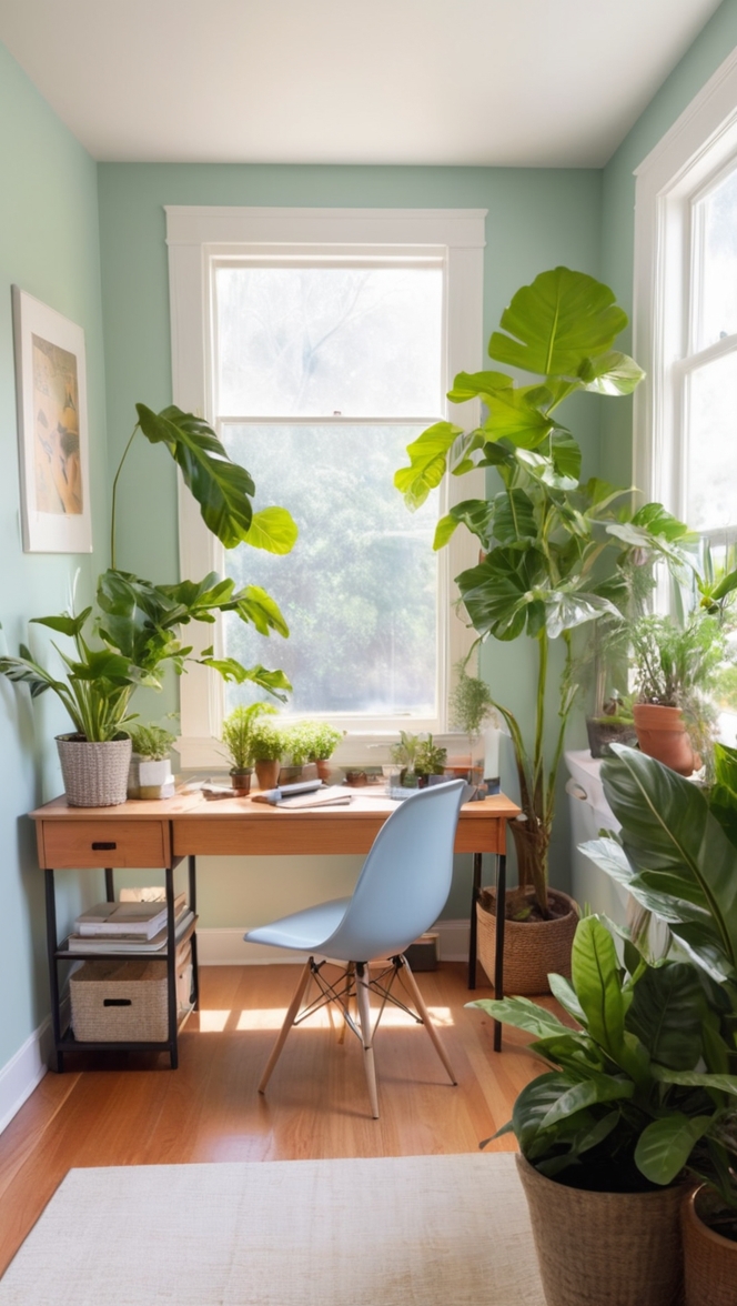 home office decor, houseplants, indoor plants, workspace design, cozy home office