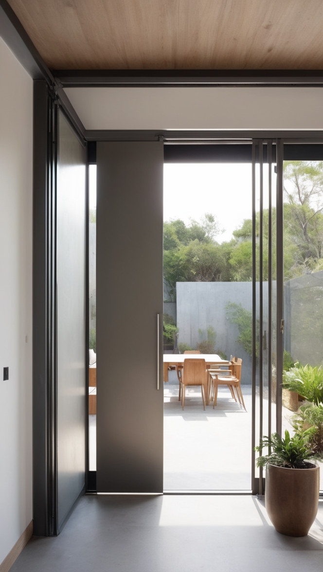 metal sliding door, outdoor sliding door, sleek metal door, modern sliding door, industrial door