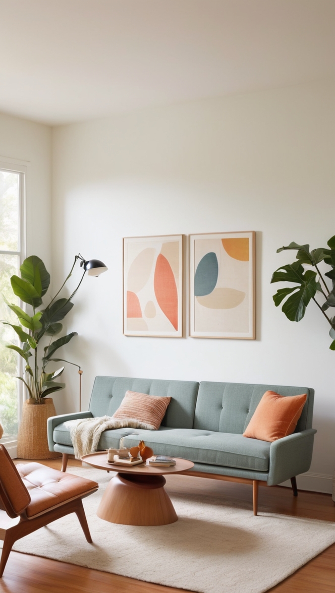 mid-century modern furniture, Scandinavian design, minimalist decor, contemporary living room, sleek furniture