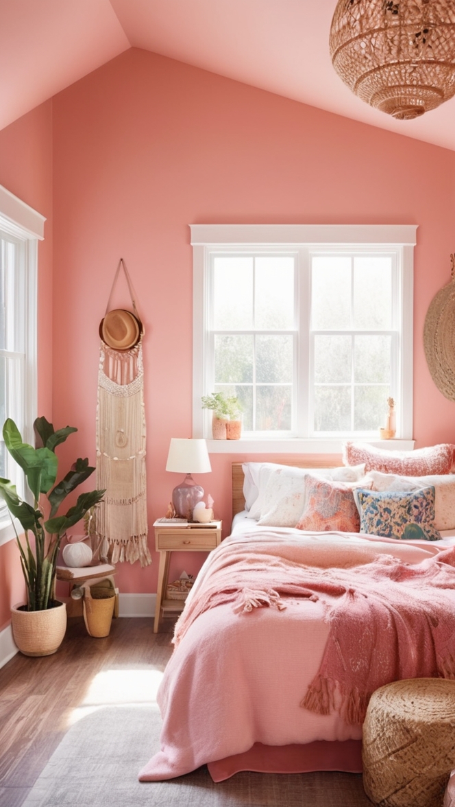 boho chic bedroom, pink boho decor, boho bedroom design, pink boho bedding, boho bedroom inspiration