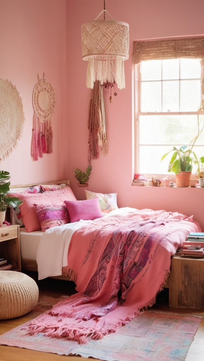 boho chic bedroom, pink boho decor, boho bedroom design, pink boho bedding, boho bedroom inspiration