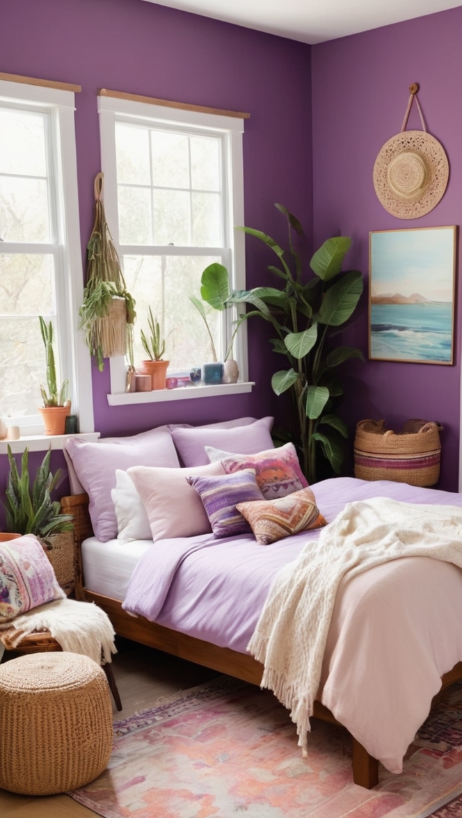 purple boho decor,boho bedroom ideas,purple bedroom accessories,ethnic bedroom design,bold bedroom colors