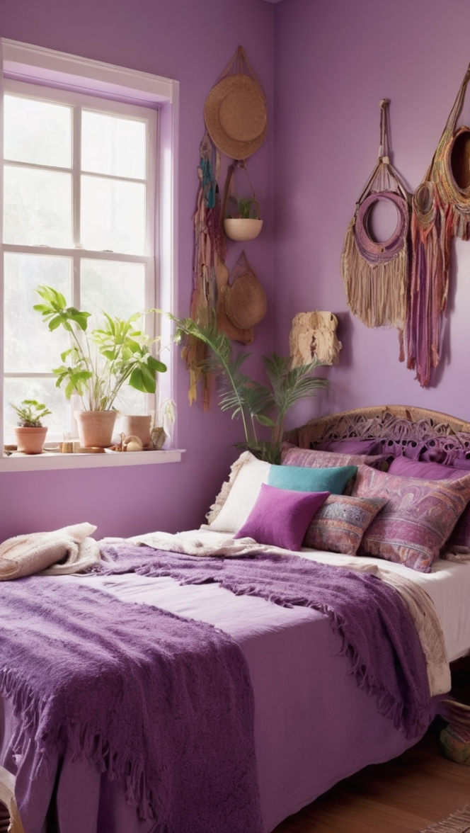 How can I create a cozy purple boho bedroom? ?