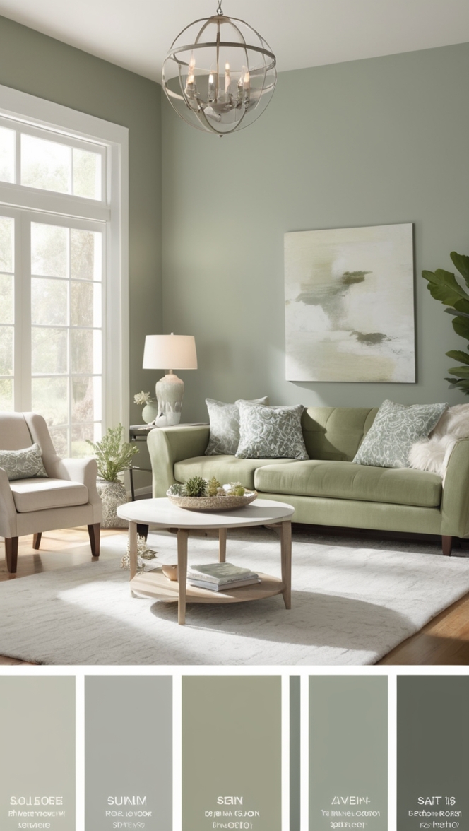 sage green walls, gray sofa, cozy living room, modern decor, elegant interior