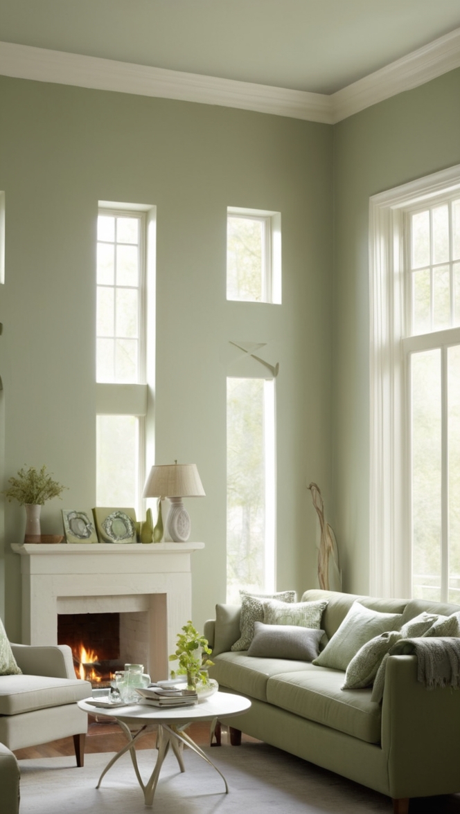 sage green walls, gray sofa, cozy living room, modern decor, elegant interior