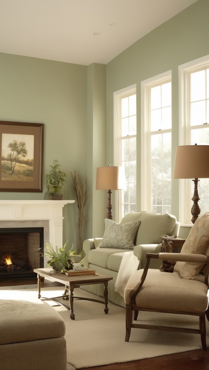 sage green decor, earthy living room, natural color palette, Boho chic inspiration, neutral tones