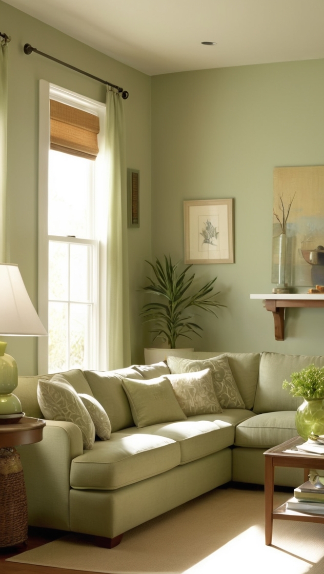 sage green decor, earthy living room, natural color palette, Boho chic inspiration, neutral tones