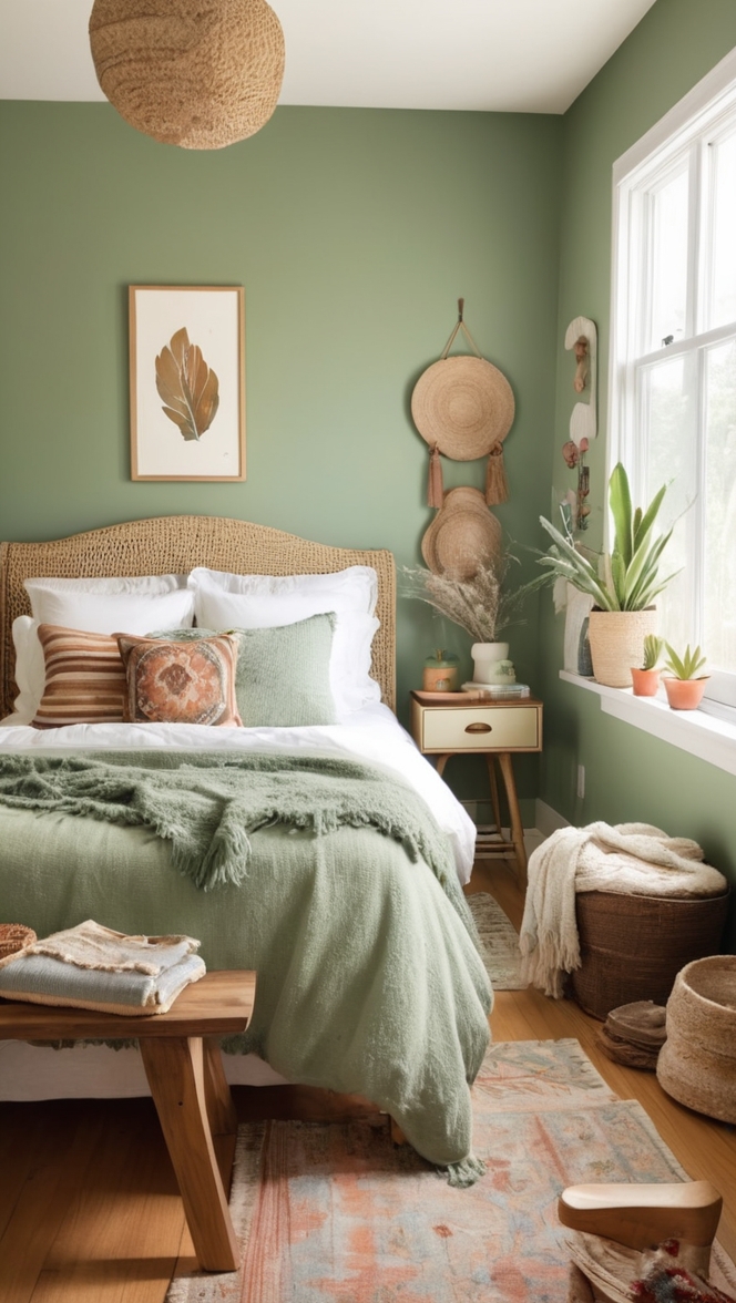 sage green decor, boho bedroom ideas, organic bedding, sustainable furniture, natural home design