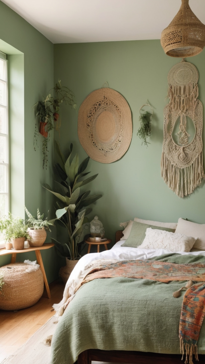 sage green decor, boho bedroom ideas, organic bedding, sustainable furniture, natural home design