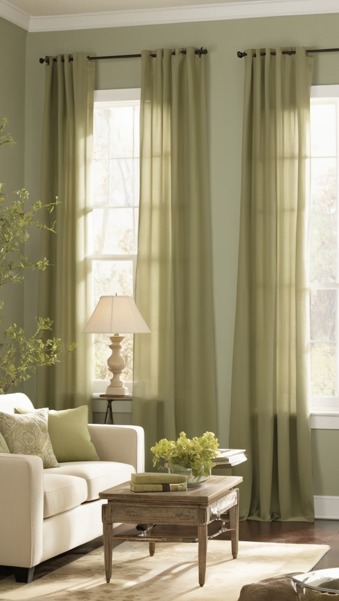 green living room curtains, room darkening curtains, sage curtains, sheer curtains, blackout curtains