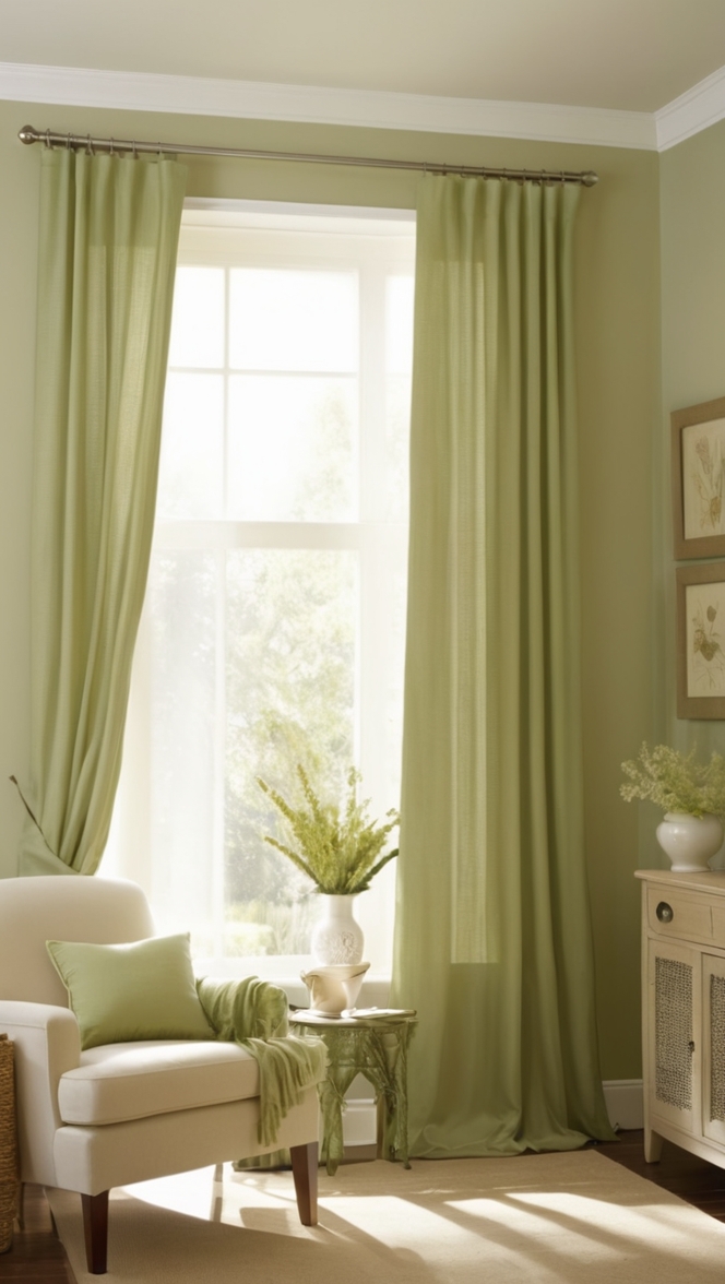 green living room curtains, room darkening curtains, sage curtains, sheer curtains, blackout curtains