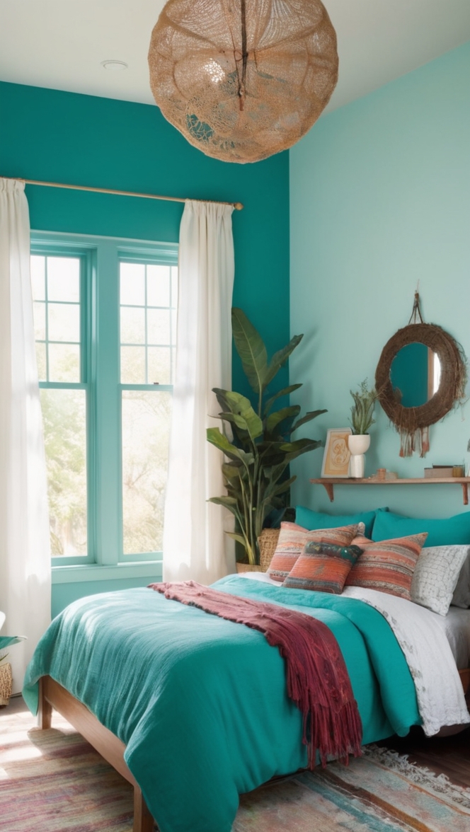 boho home decor, boho bedroom ideas, teal bedroom decor, bohemian bedroom design, boho chic bedding