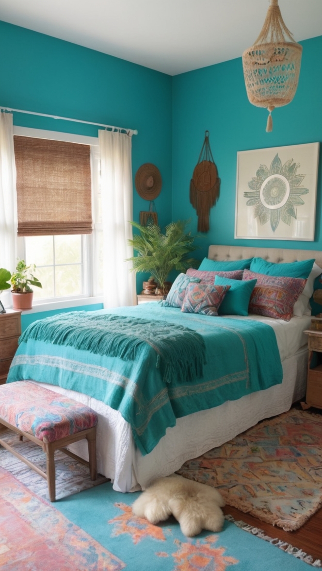 boho home decor, boho bedroom ideas, teal bedroom decor, bohemian bedroom design, boho chic bedding