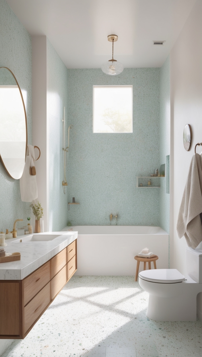 terrazzo flooring bathroom, terrazzo countertops bathroom, terrazzo shower walls, terrazzo bathroom sink, terrazzo tile backsplash