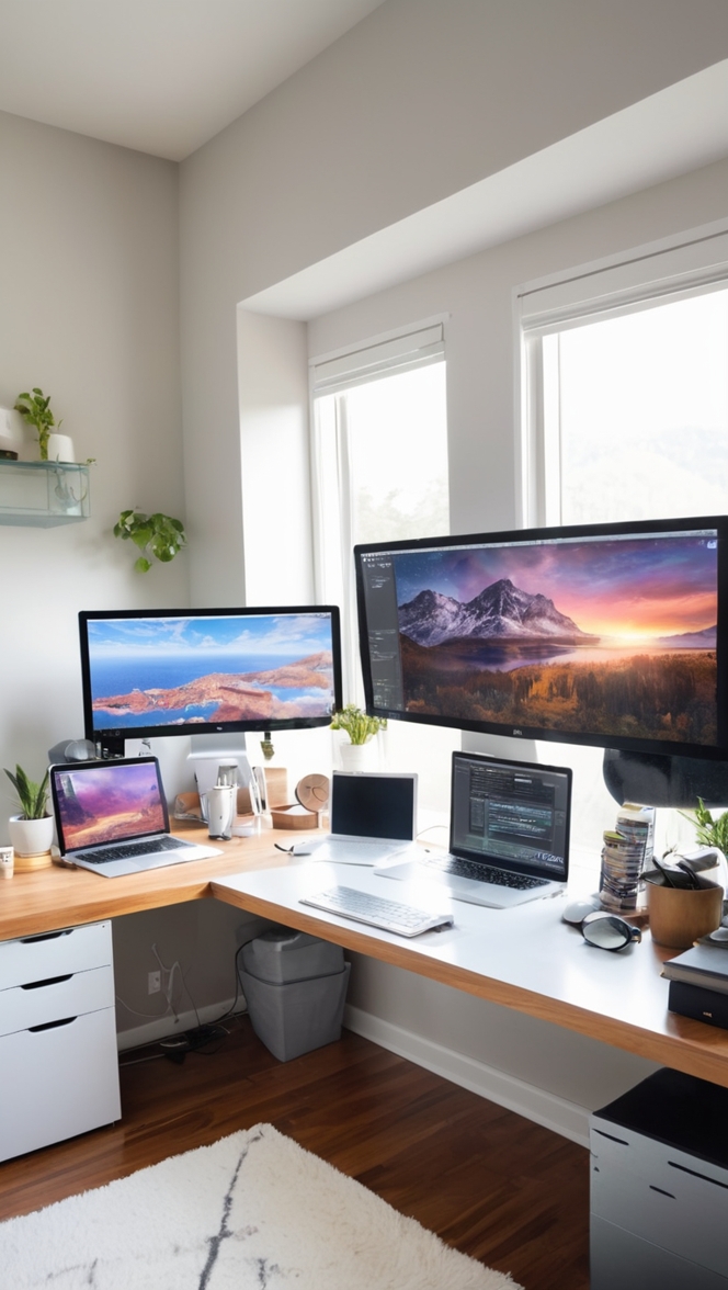 three monitor setup, productivity setup, triple monitor desk, multi-screen workstation, ergonomic home office setup
