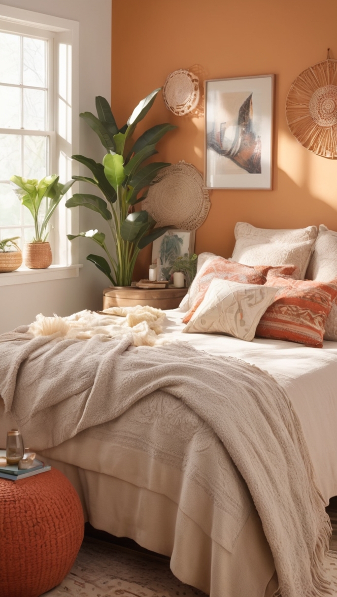 warm boho decor, bohemian bedroom ideas, cozy boho bedding, modern boho interior, chic boho style