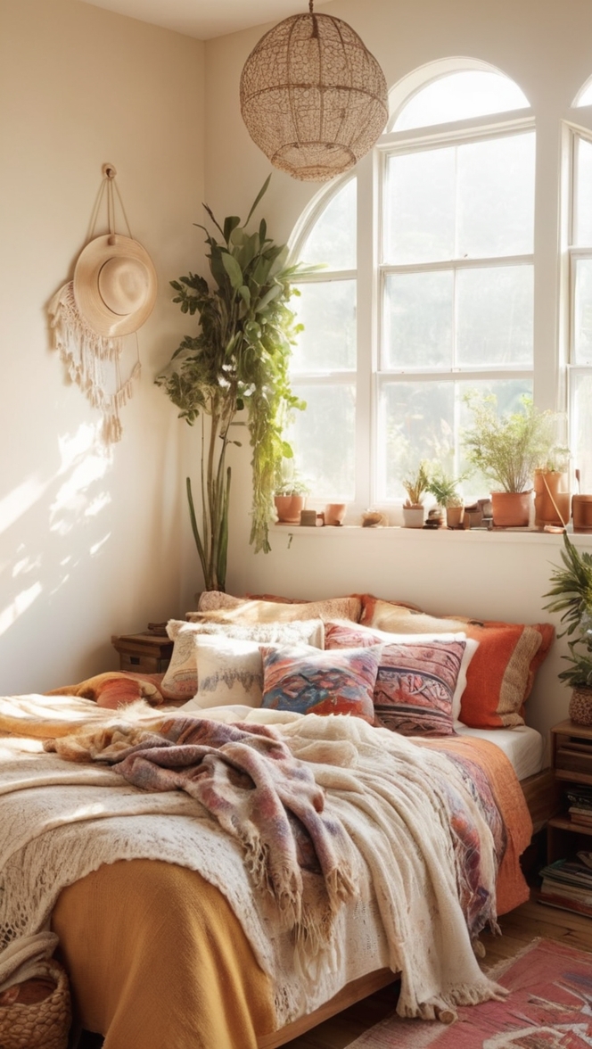 warm boho decor, bohemian bedroom ideas, cozy boho bedding, modern boho interior, chic boho style