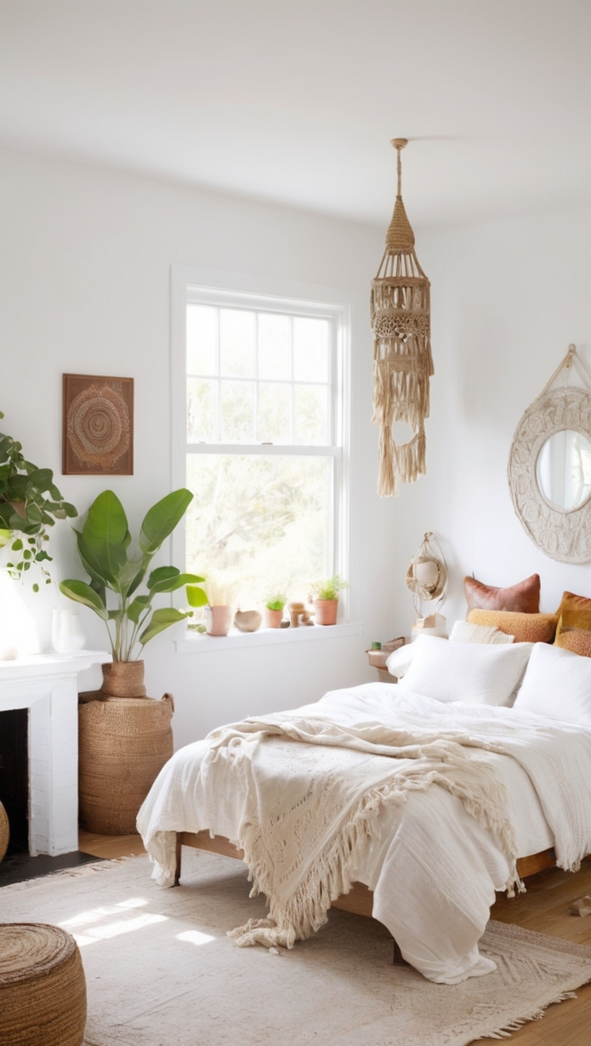 boho chic bedroom, boho bedroom decor, boho bedroom ideas, white boho decor, bohemian bedroom