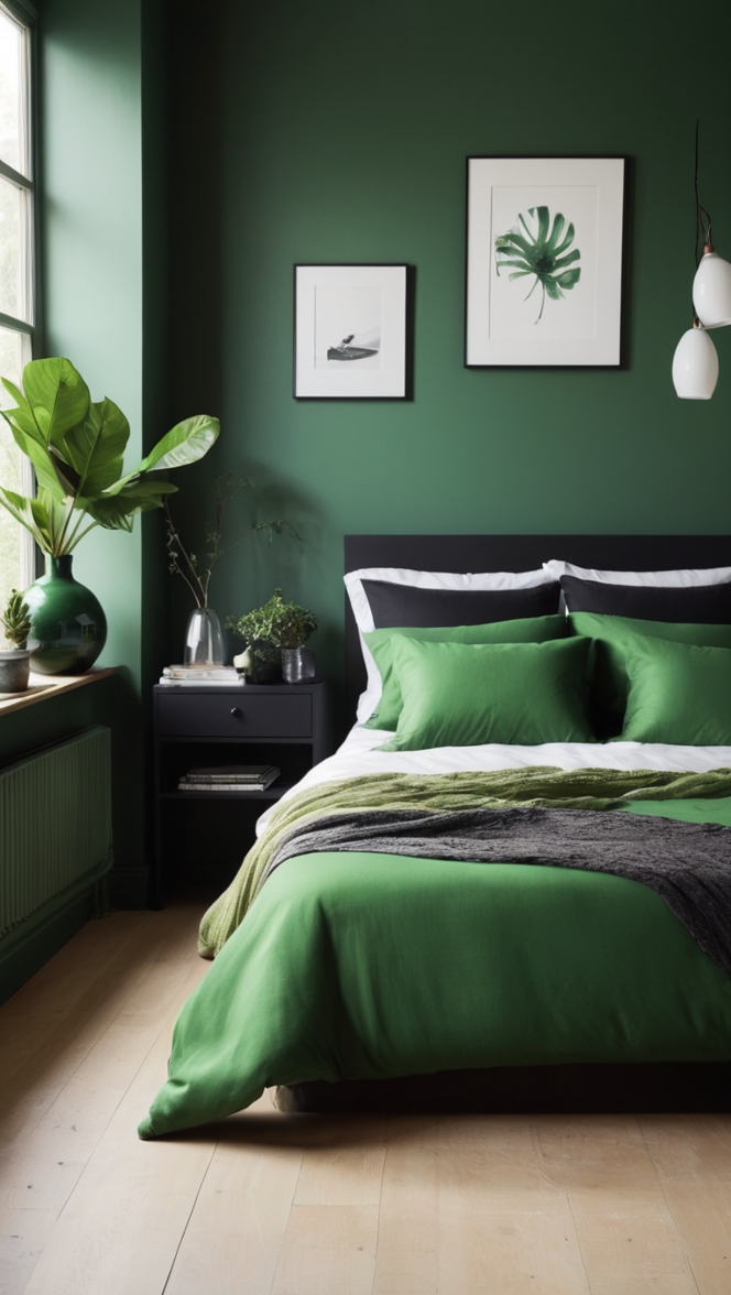 How can I achieve a stylish black and green bedroom? ?