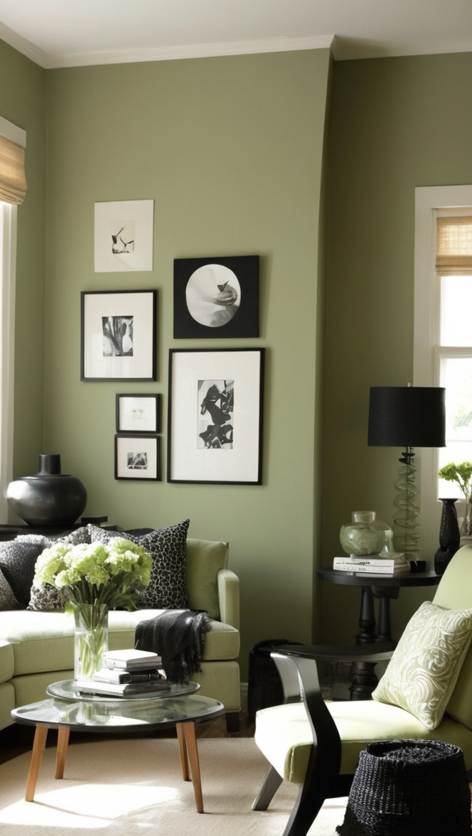 black living room decor, green sofa, modern black living room, sage green walls, black and green furniture