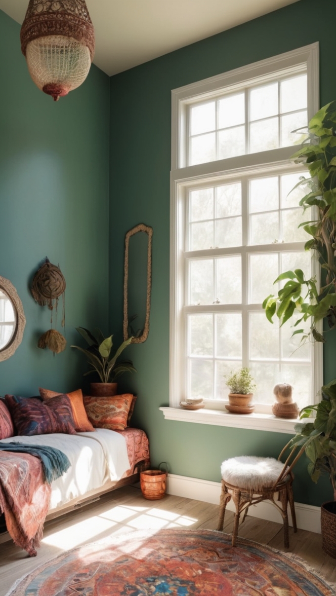 boho decor, gothic home, vintage bedroom, dark interior, eclectic design