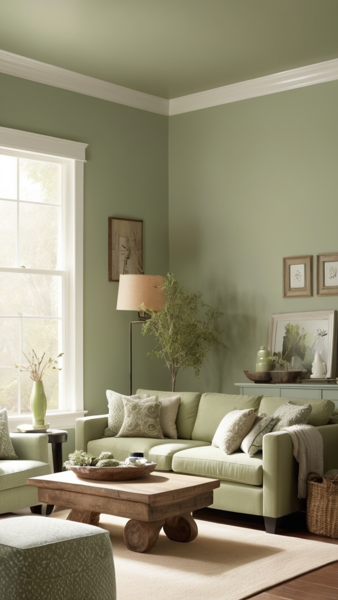 sage green home decor, living room inspiration, cozy living room ideas, green decor, stylish interior design