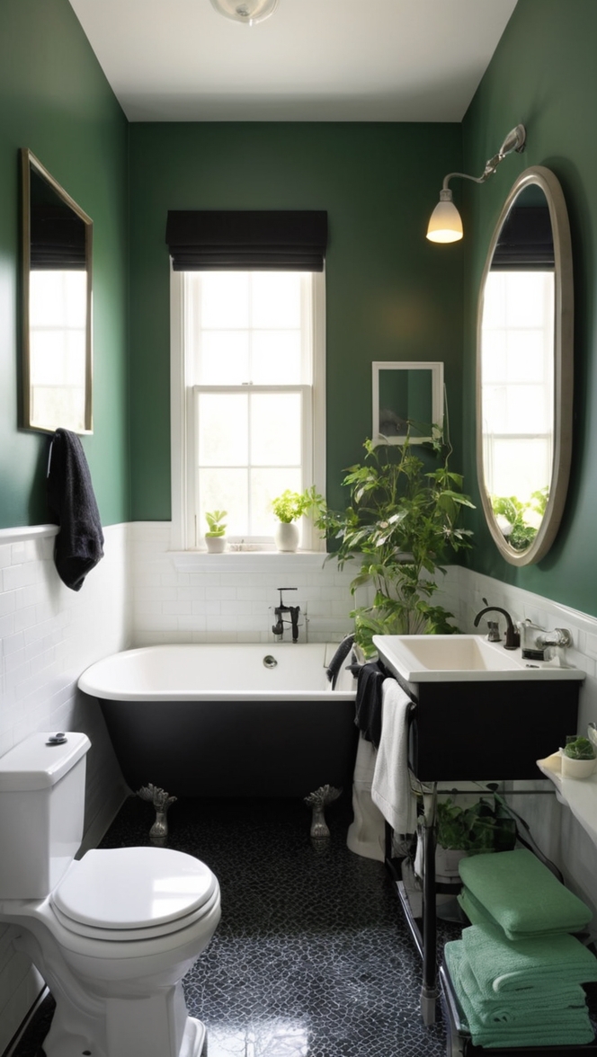 dark green bathroom decor, black bathroom accessories, luxury dark green bathroom, modern black bathroom design, elegant green and black bathroom