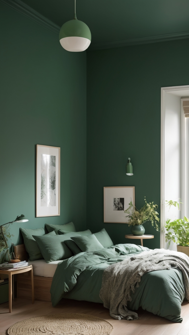 How can I create a cozy atmosphere in a dark green bedroom? ?