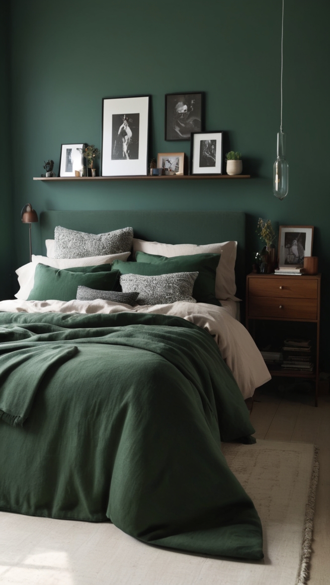 How can I create a stunning dark green moody bedroom? ?