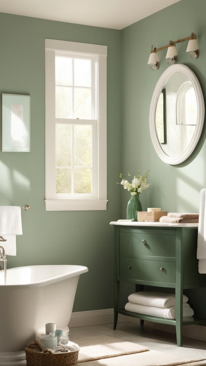 forest green paint, bathroom design ideas, green tile, nature inspired decor, tranquil spa-style