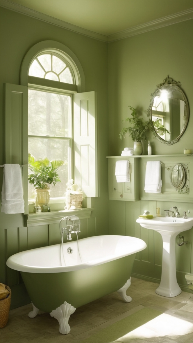 forest green paint, bathroom design ideas, green tile, nature inspired decor, tranquil spa-style