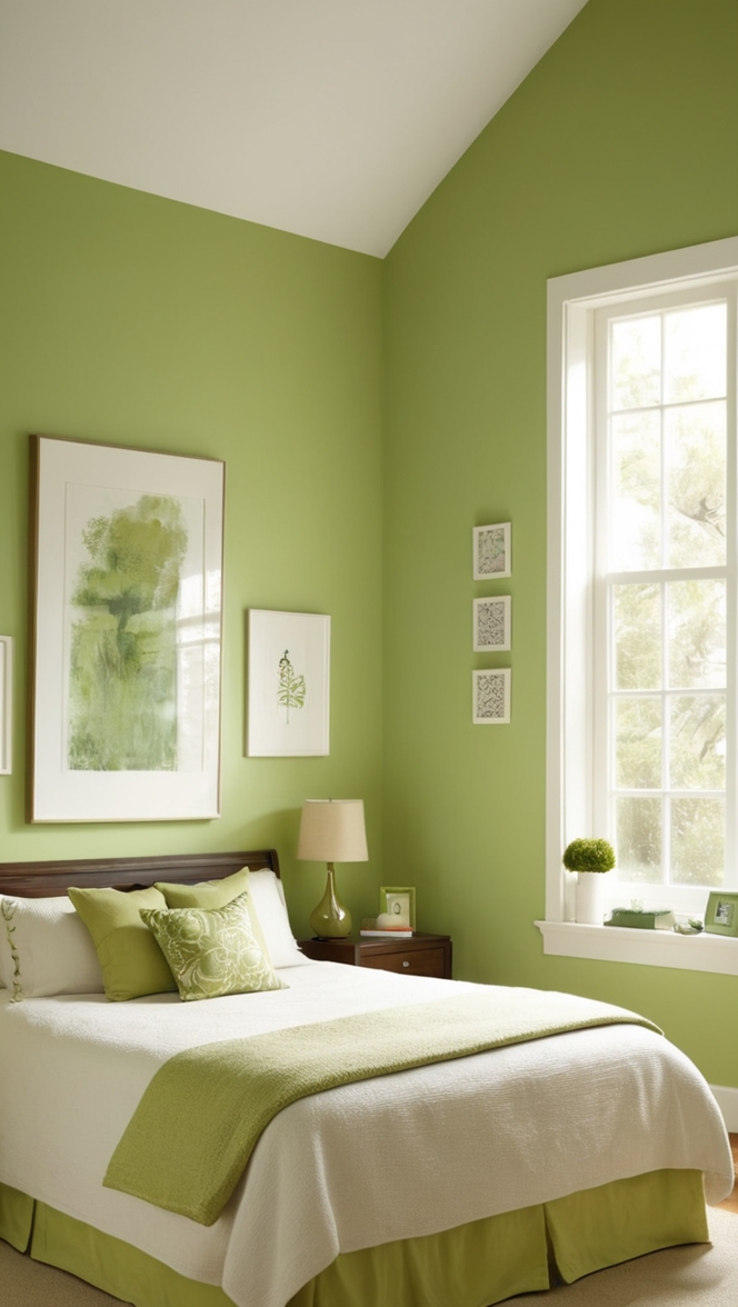 How can I decorate my bedroom with a stunning green accent wall? ?