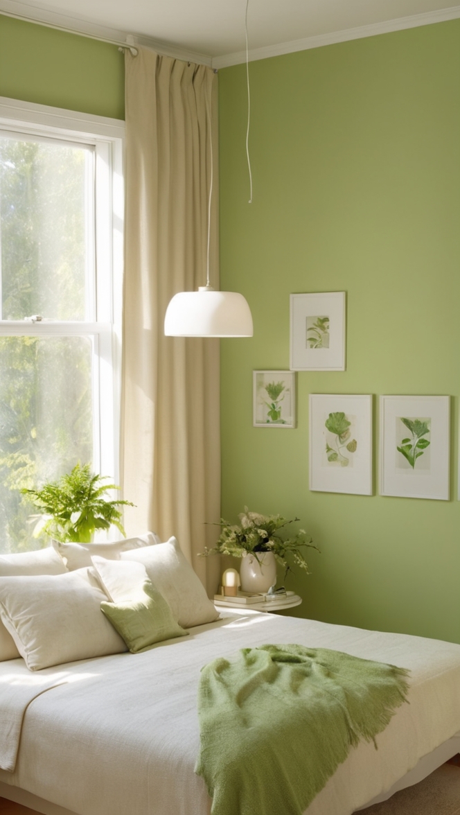 How can I create a cozy green and beige bedroom? ?