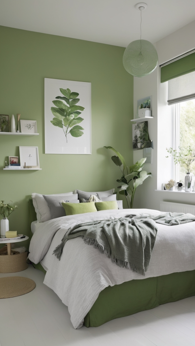 How can I create a cozy green and grey bedroom? ?