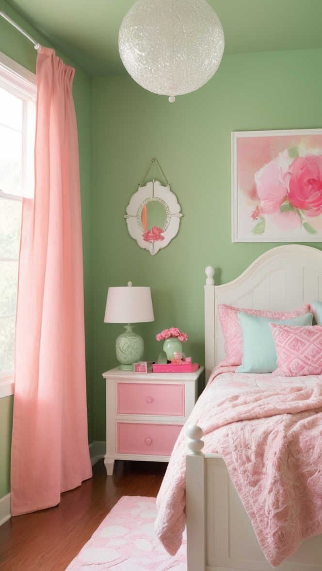 green and pink decor, green and pink room ideas, green and pink color scheme, green and pink interior design, green and pink bedroom inspiration