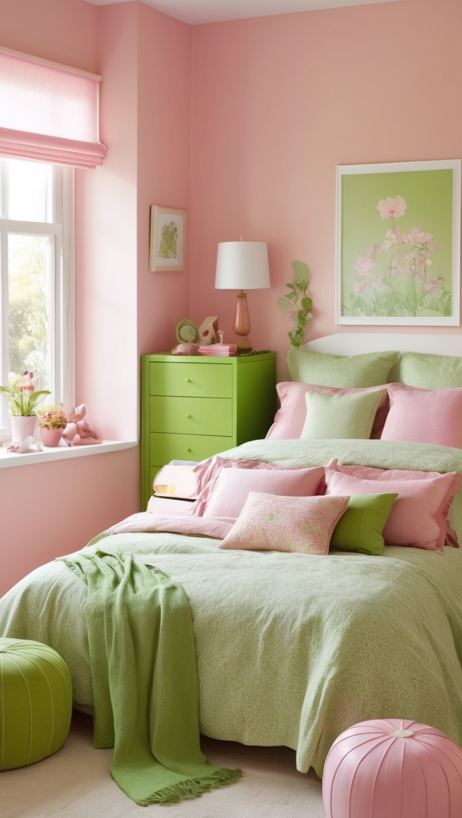 How can I achieve a stylish green and pink bedroom look? ?