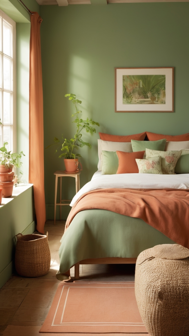 How can I create a cozy green and terracotta bedroom? ?