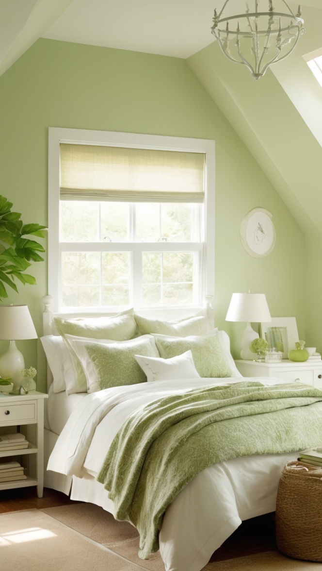 How can I create a refreshing green and white bedroom? ?