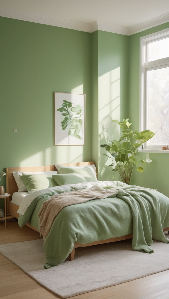 How can I achieve a cozy green bedroom aesthetic? ?