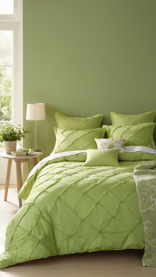 How can I enhance my bedroom decor with a green comforter? ?