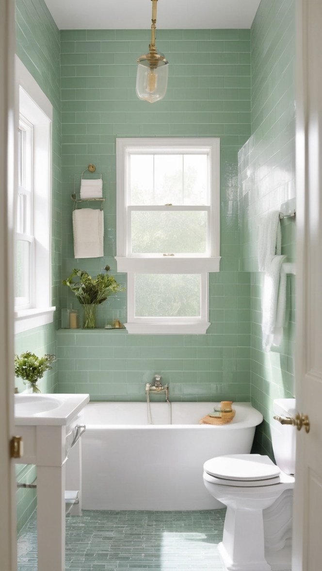 green subway tile, green tile bathroom, bathroom tile, subway tile bathroom, green bathroom tile