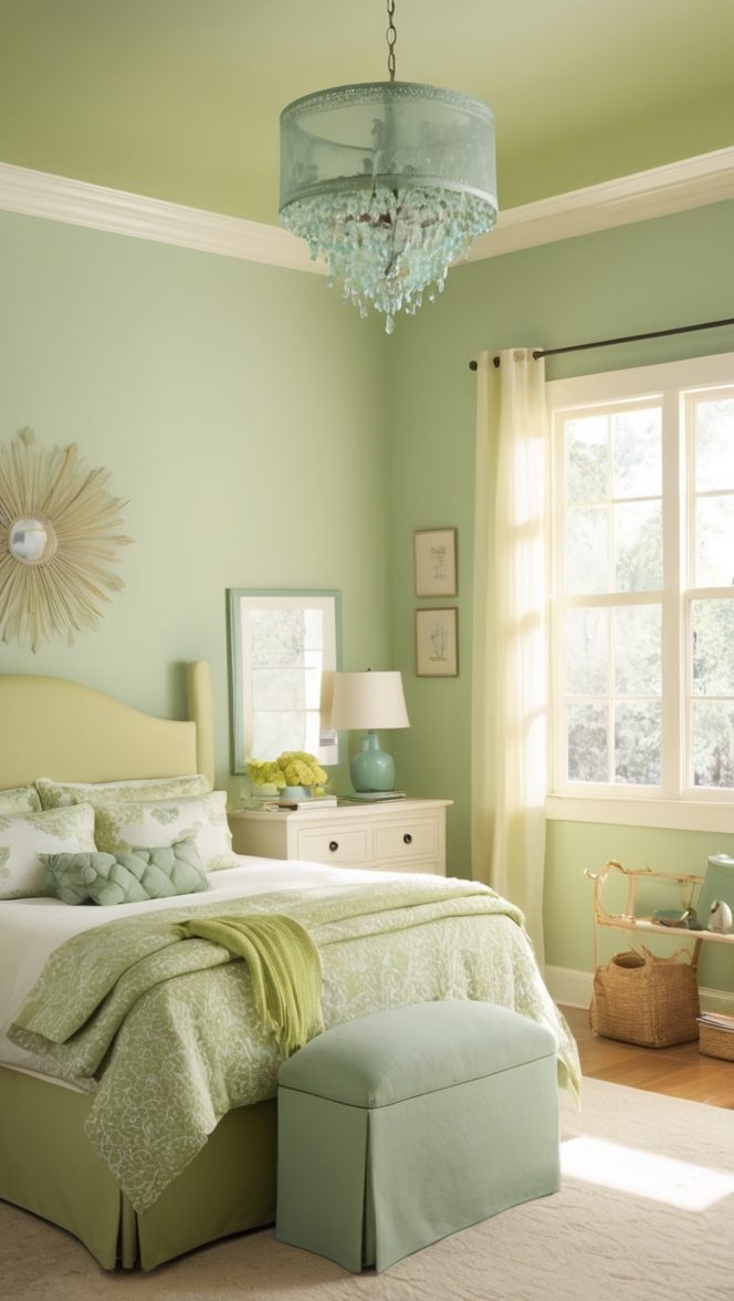 light green paint, light green walls, mint green bedroom, pastel green room, sage green decor