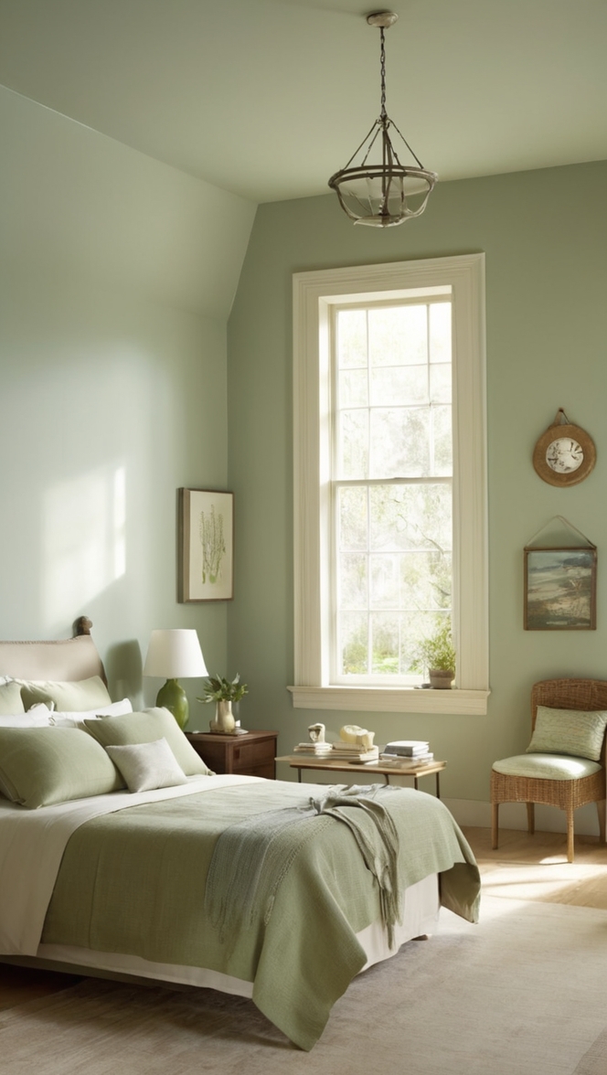 How can I decorate my bedroom in a light sage green color scheme? ?