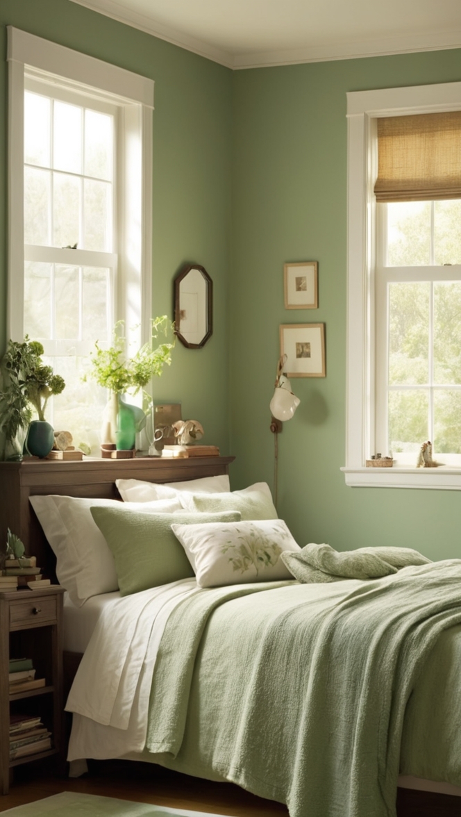 How can I create a cozy vibe in my moody green bedroom? ?