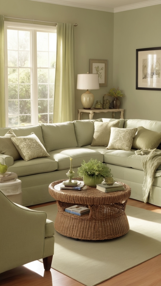 sage green living room decor, beige furniture ideas, stylish sage and beige interior, elegant sage green walls, cozy beige living space