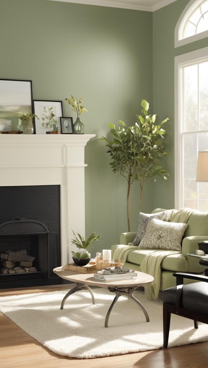 sage green curtains, dark green living room, olive green decor, black accent wall, emerald green furniture