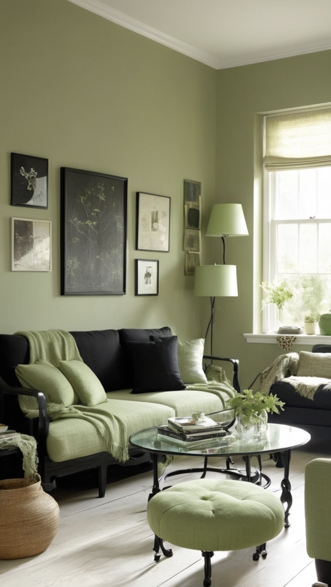 sage green curtains, dark green living room, olive green decor, black accent wall, emerald green furniture