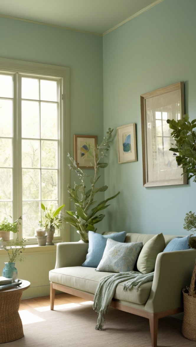 sage green sofa, blue accent wall, living room decor ideas, elegant green and blue, interior design trends