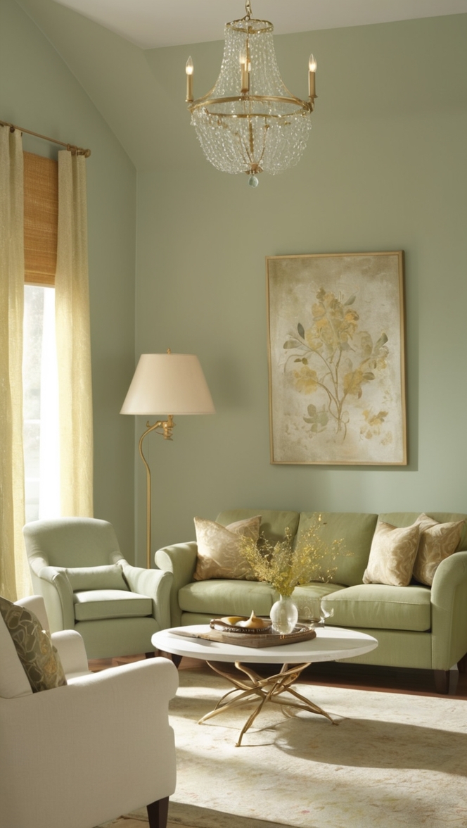 Sage green sofa, Elegant gold curtains, Luxury green and gold decor, Modern sage green furniture, Stylish gold accents