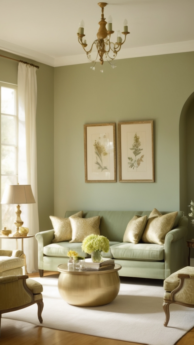 Sage green sofa, Elegant gold curtains, Luxury green and gold decor, Modern sage green furniture, Stylish gold accents